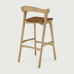Ethnicraft Bok Bar Stool in varnished oak and cognac leather. Ethnicraft Bok Bar Stool in varnished oak and cognac leather.