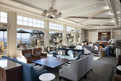 Terrace Lounge at The Lodge at Pebble Beach with coffered ceiling, new service bar, and ocean-facing seating areas. Terrace Lounge at The Lodge at Pebble Beach with coffered ceiling, new service bar, and ocean-facing seating areas.