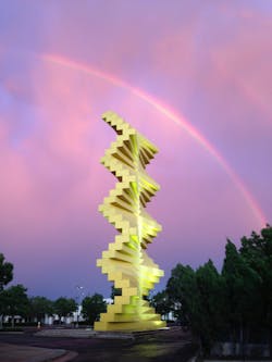 A rainbow is framed above the 1985 Articulated Wall sculpture by Herbert Bayer, a piece that anchors the Denver Design District in Colorado. A rainbow is framed above the 1985 Articulated Wall sculpture by Herbert Bayer, a piece that anchors the Denver Design District in Colorado.