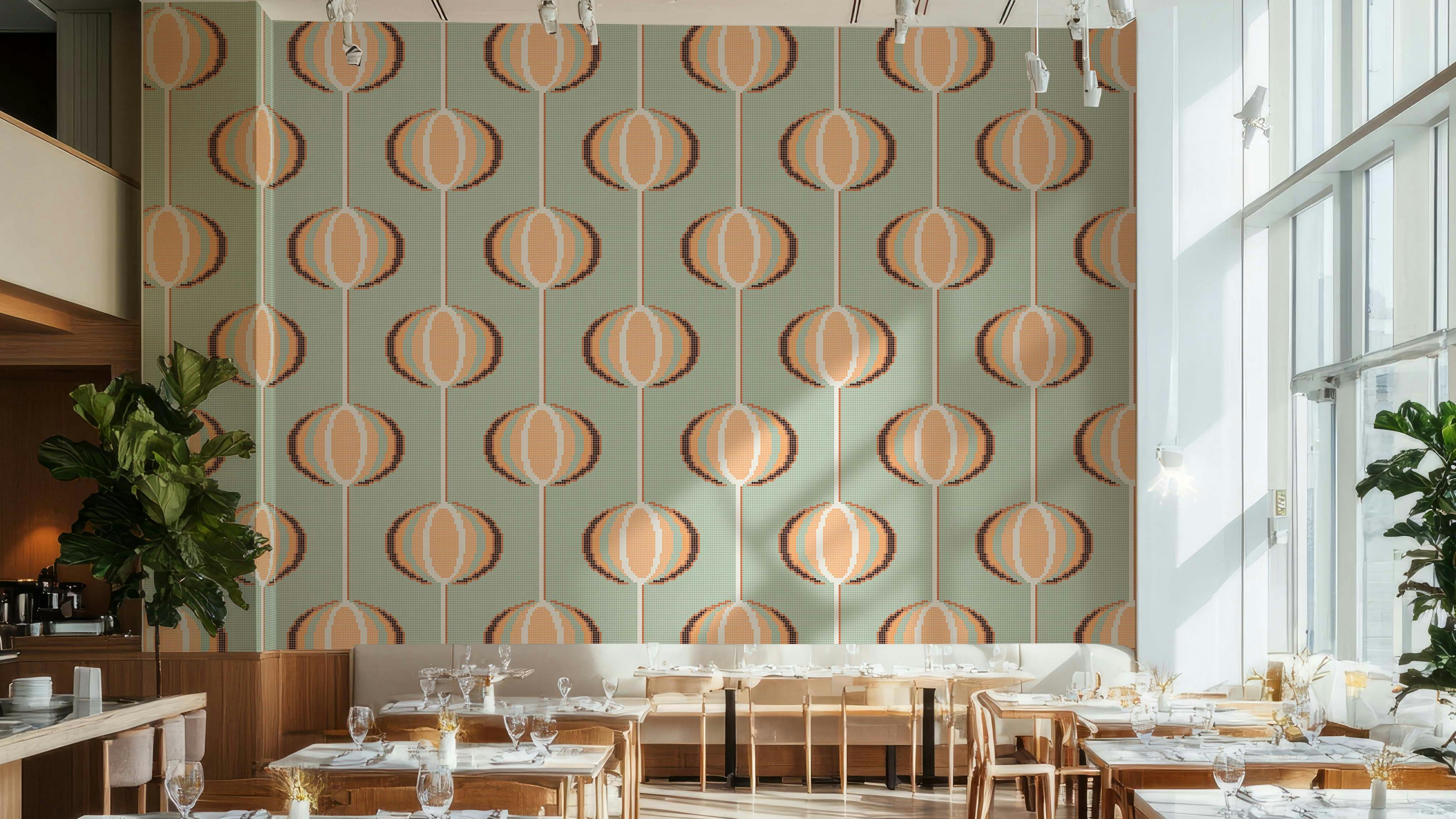 The Mid Century Modern Collection is a line of patterned mosaics with classic midcentury motifs reimagined through a modern lens. Displayed is the Globe in Clementine.