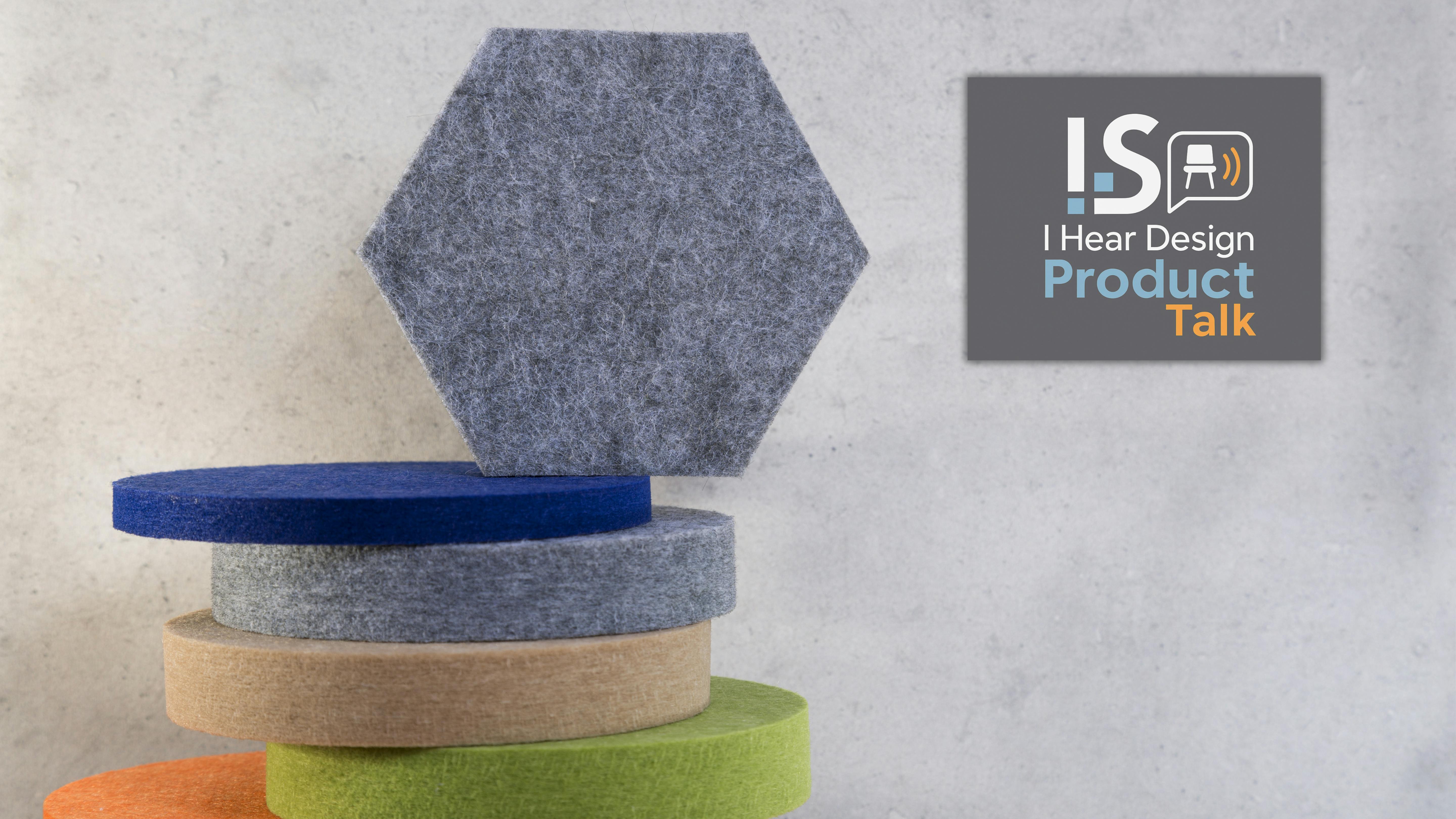 Geometric figures of acoustic panels of different shapes and colors. Acoustic panels on a gray spotted background.