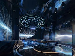 Reflective, curving interior with dramatic lighting and digital visuals creating a dynamic, immersive nightlife environment. Reflective, curving interior with dramatic lighting and digital visuals creating a dynamic, immersive nightlife environment.