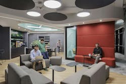 Phone booths set beside collaborative space, forming a visual and acoustic separation from nearby workstations. Phone booths set beside collaborative space, forming a visual and acoustic separation from nearby workstations.