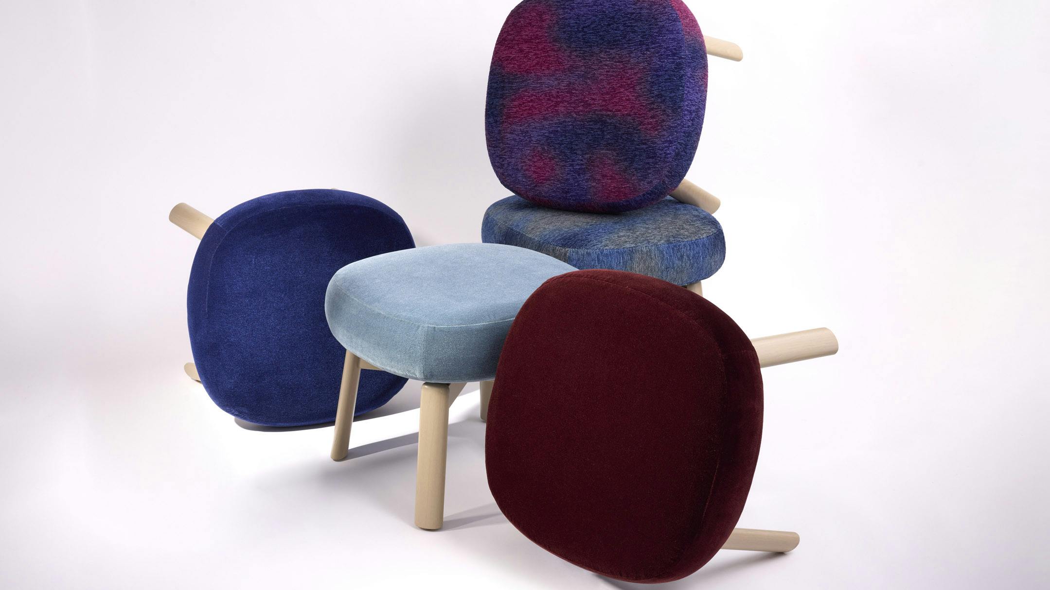 Luum Textiles' Cloud Nine upholstery on stools.