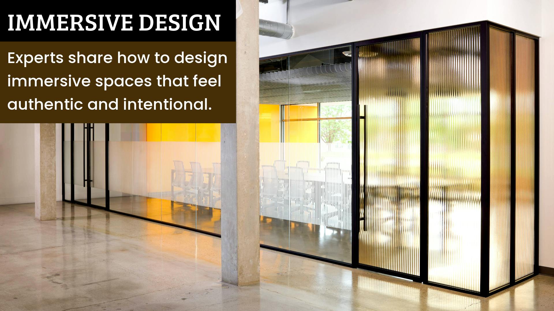 3form clear and amber textured glass panels of varying textures and opacity levels provide a modern look to conference room enclosure with black steel framing.