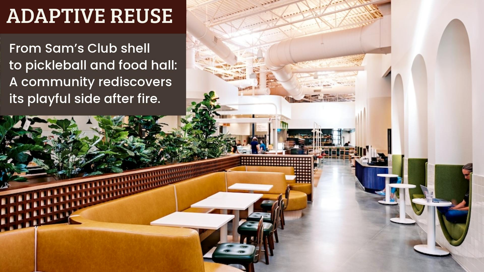 Seating nooks at Relish Food Hall + Pickleball with bench, lounge, and individual seating in honey mustard, emerald, and palm green tones; a pegboard-look wallcovering and blush pink ceiling create a warm, inviting contrast to the venue&rsquo;s larger open spaces.