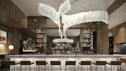 Natural stone bar with stools and dramatic lighting fixture overhead in the AC Hotel by Marriott in Washington, DC.. Natural stone bar with stools and dramatic lighting fixture overhead in the AC Hotel by Marriott in Washington, DC..