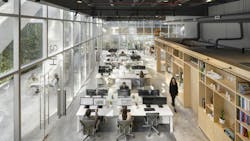 An aerial view of the HKS office in Mexico City, featuring various workstations. An aerial view of the HKS office in Mexico City, featuring various workstations.