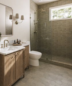 Soft grey star and cross shape floor tiles and horizontal tile in a bathroom Soft grey star and cross shape floor tiles and horizontal tile in a bathroom