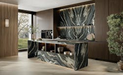 Charcoal and cream marbled look large slab porcelain used as a display and reception area surface Charcoal and cream marbled look large slab porcelain used as a display and reception area surface