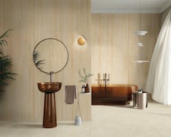 Travertine look large format tile in luxury bathroom Travertine look large format tile in luxury bathroom