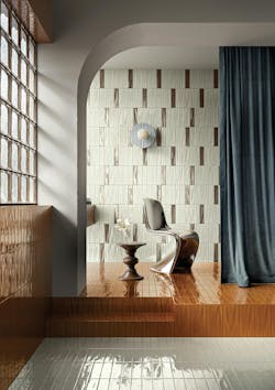 Glossy, textural tiles in various neutral hues create distinct zones but bring a cohesiveness to spa area Glossy, textural tiles in various neutral hues create distinct zones but bring a cohesiveness to spa area