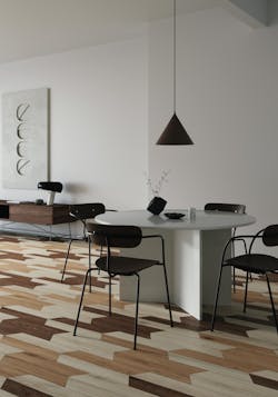 Wood grain tiles arranged in a repeat on kitchen floor Wood grain tiles arranged in a repeat on kitchen floor