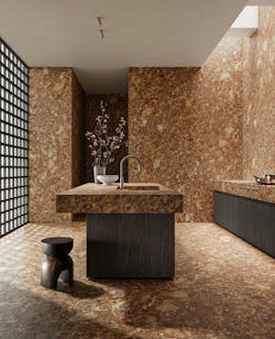 Washroom enveloped in Stone Edition surfaces that offer color, texture, and patterns of natural stone Washroom enveloped in Stone Edition surfaces that offer color, texture, and patterns of natural stone