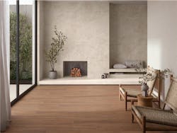 Tahoma wood-plank look porcelain tile in light neutral tone on entry way floor Tahoma wood-plank look porcelain tile in light neutral tone on entry way floor