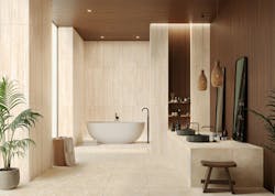 Large format glazed porcelain with the look of travertine throughout spa walls and surfaces Large format glazed porcelain with the look of travertine throughout spa walls and surfaces