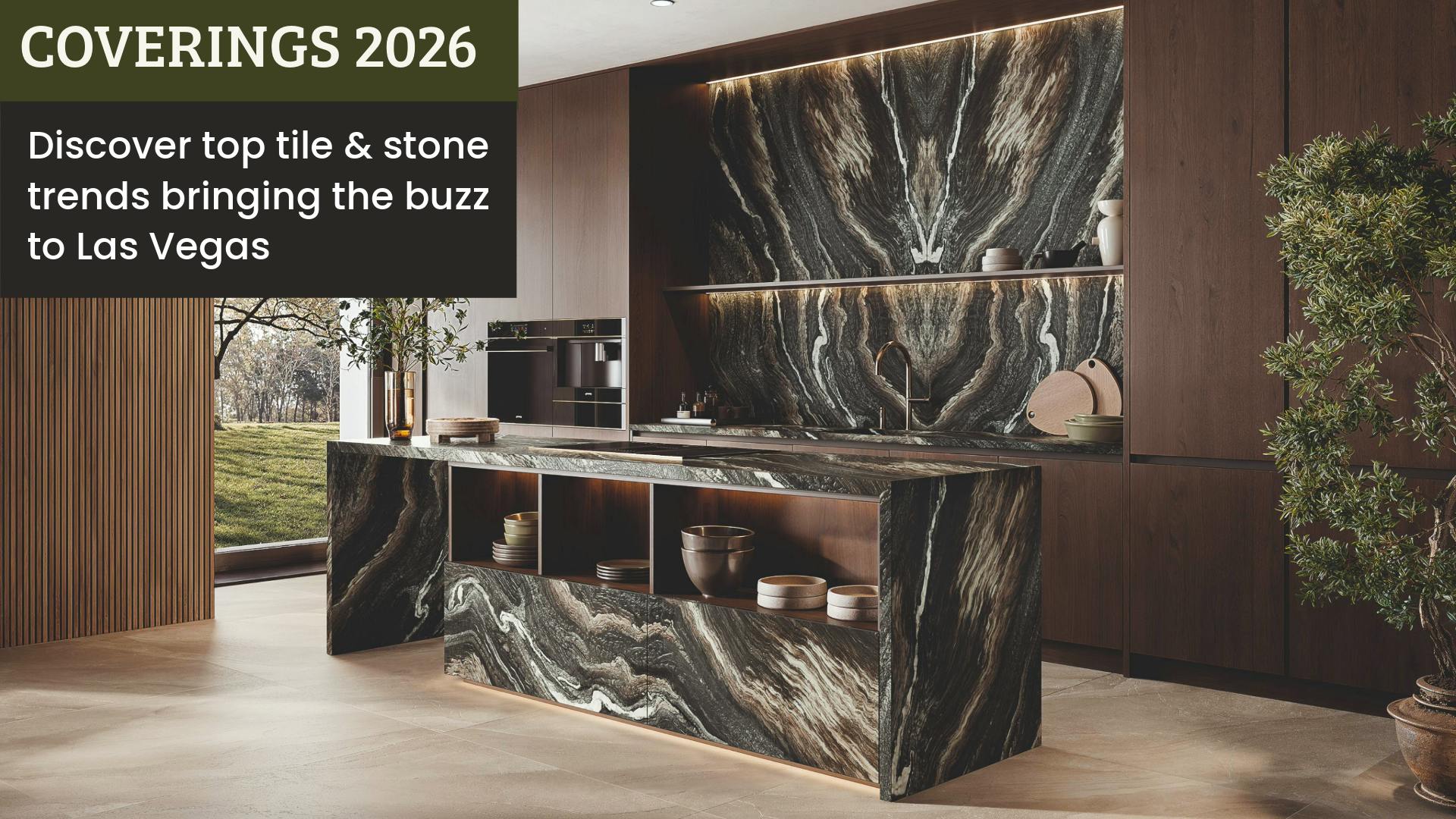 Dark veined stone look ceramic surfaces paired with slotted wood walls and large windows in a display environment