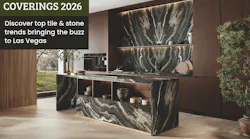 Dark veined stone look ceramic surfaces paired with slotted wood walls and large windows in a display environment Dark veined stone look ceramic surfaces paired with slotted wood walls and large windows in a display environment