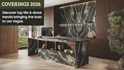 Dark veined stone look ceramic surfaces paired with slotted wood walls and large windows in a display environment Dark veined stone look ceramic surfaces paired with slotted wood walls and large windows in a display environment