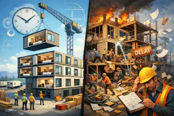 A conceptual illustration represents the schedule compression and project coordination benefits of modular construction on the left, and the potential pitfalls if key decisions are delayed and field adjustments to pods are requested. A conceptual illustration represents the schedule compression and project coordination benefits of modular construction on the left, and the potential pitfalls if key decisions are delayed and field adjustments to pods are requested.