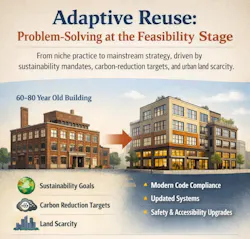 A conceptual illustration outlines the demands of adaptive reuse projects that must be balanced, such as sustainability goals, modern code requirements, building system upgrades, and accessibility requirements A conceptual illustration outlines the demands of adaptive reuse projects that must be balanced, such as sustainability goals, modern code requirements, building system upgrades, and accessibility requirements