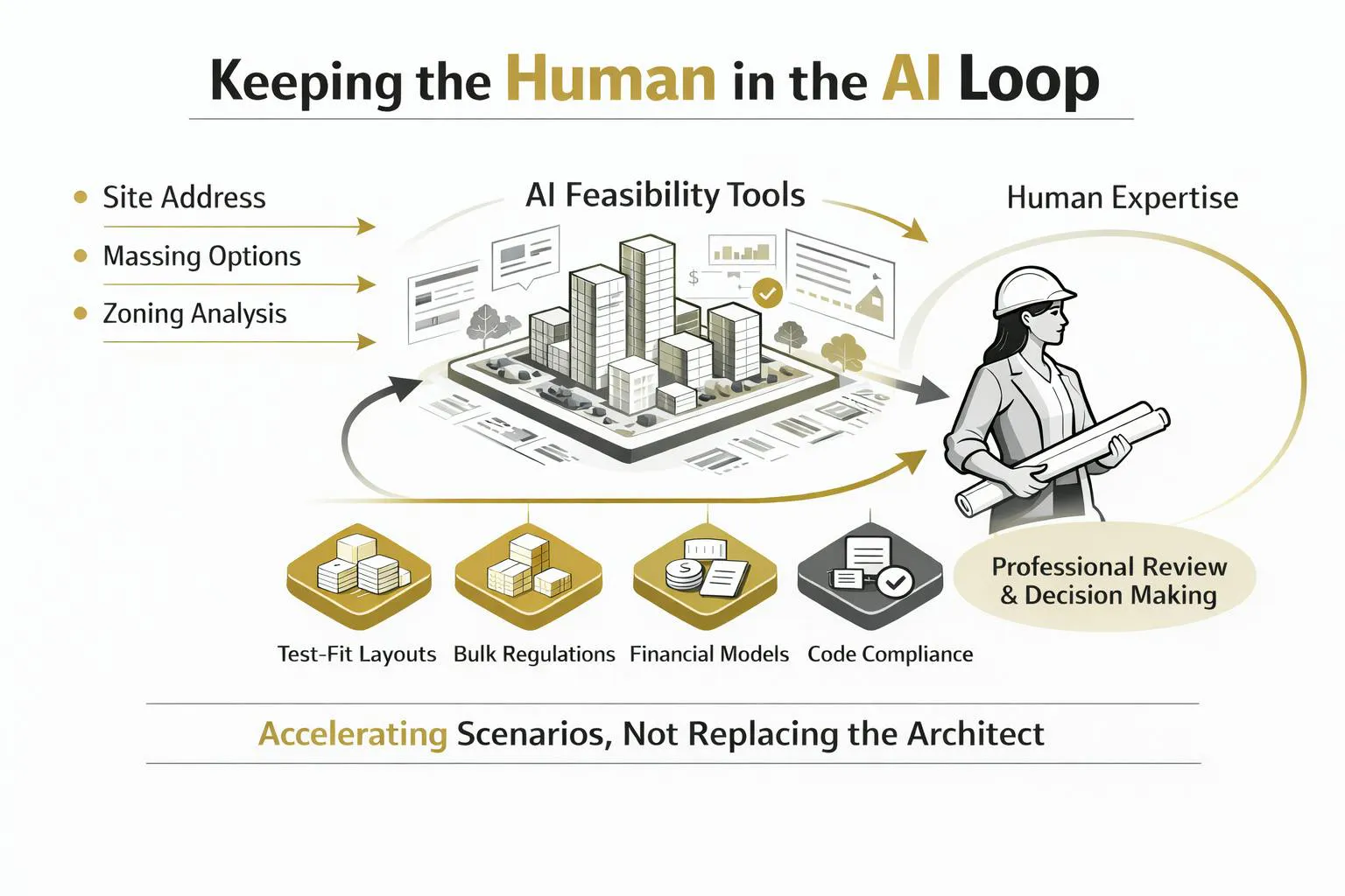 A conceptual graphic clearly defines the roles of AI tools and human ingenuity and expertise applied to modular construction scenarios