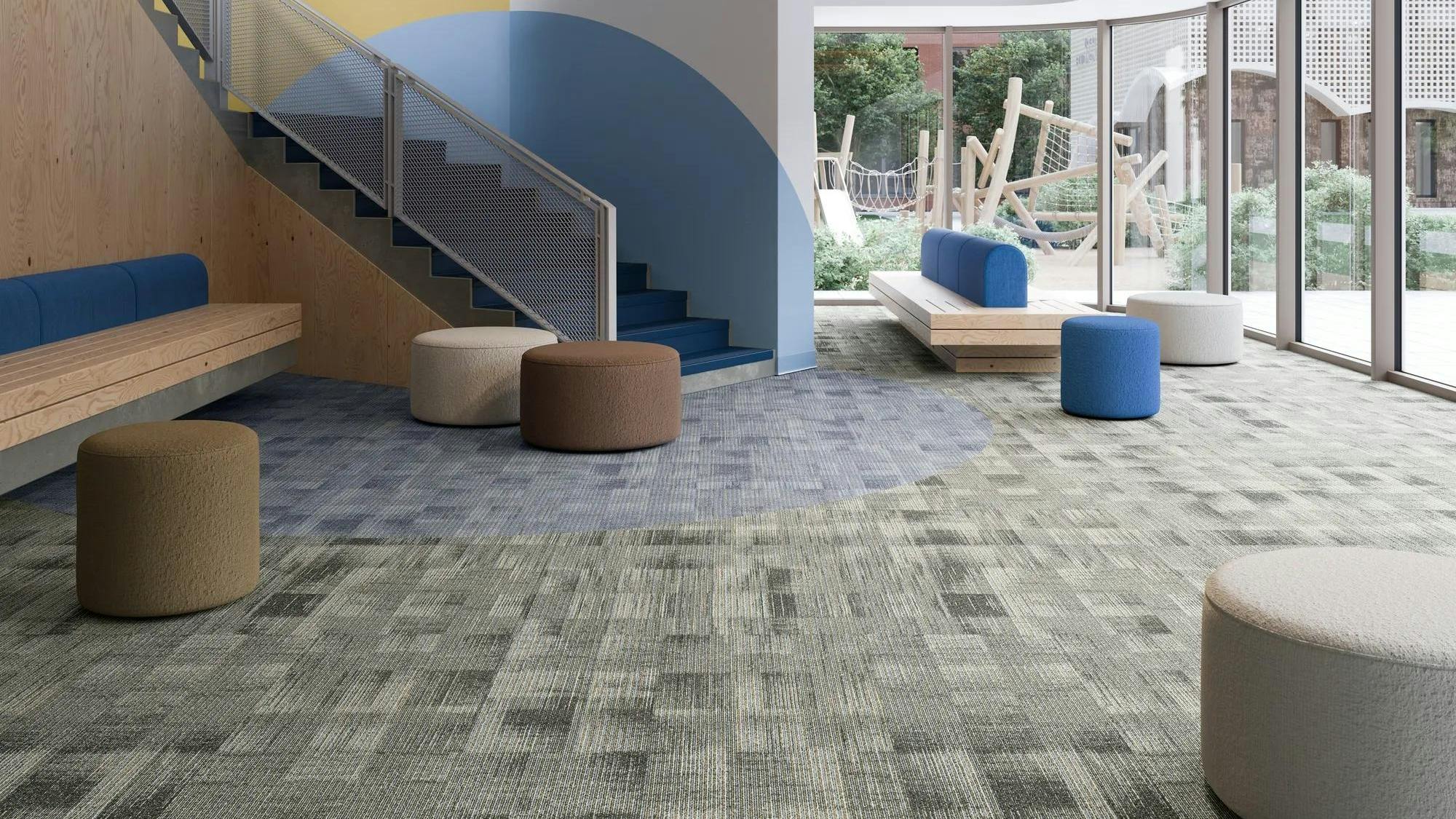 Tarkett Aftermath III carpet shown in Tapestry and Sacred Fig colorways.