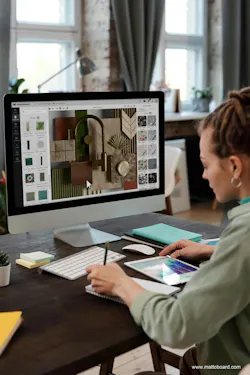 Designer using Mattoboard's 3D visualization and sampling tools to create a mood board. Designer using Mattoboard's 3D visualization and sampling tools to create a mood board.