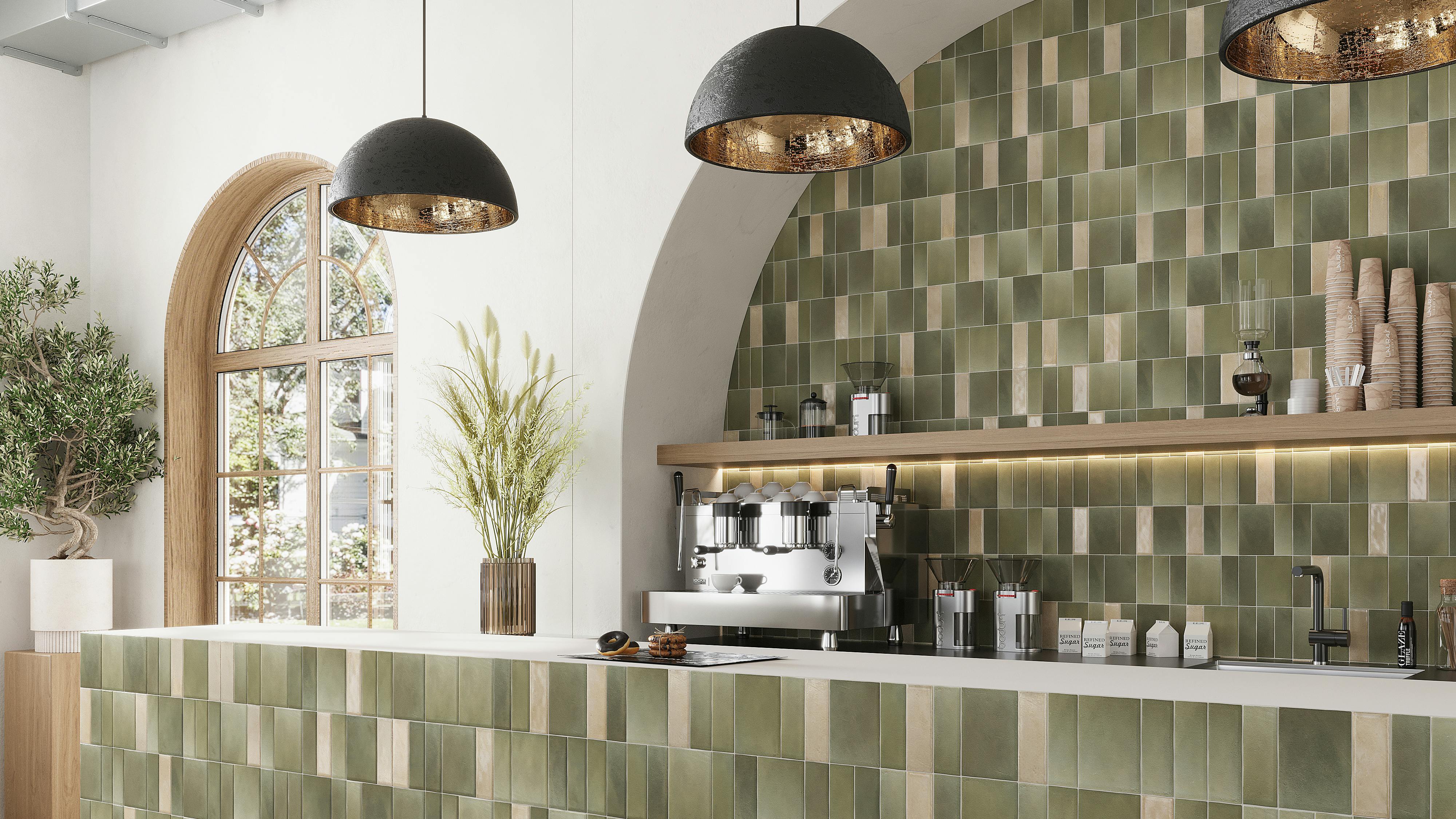 Tile Club's Calta shown as a backsplash in matte green and gloss latte.