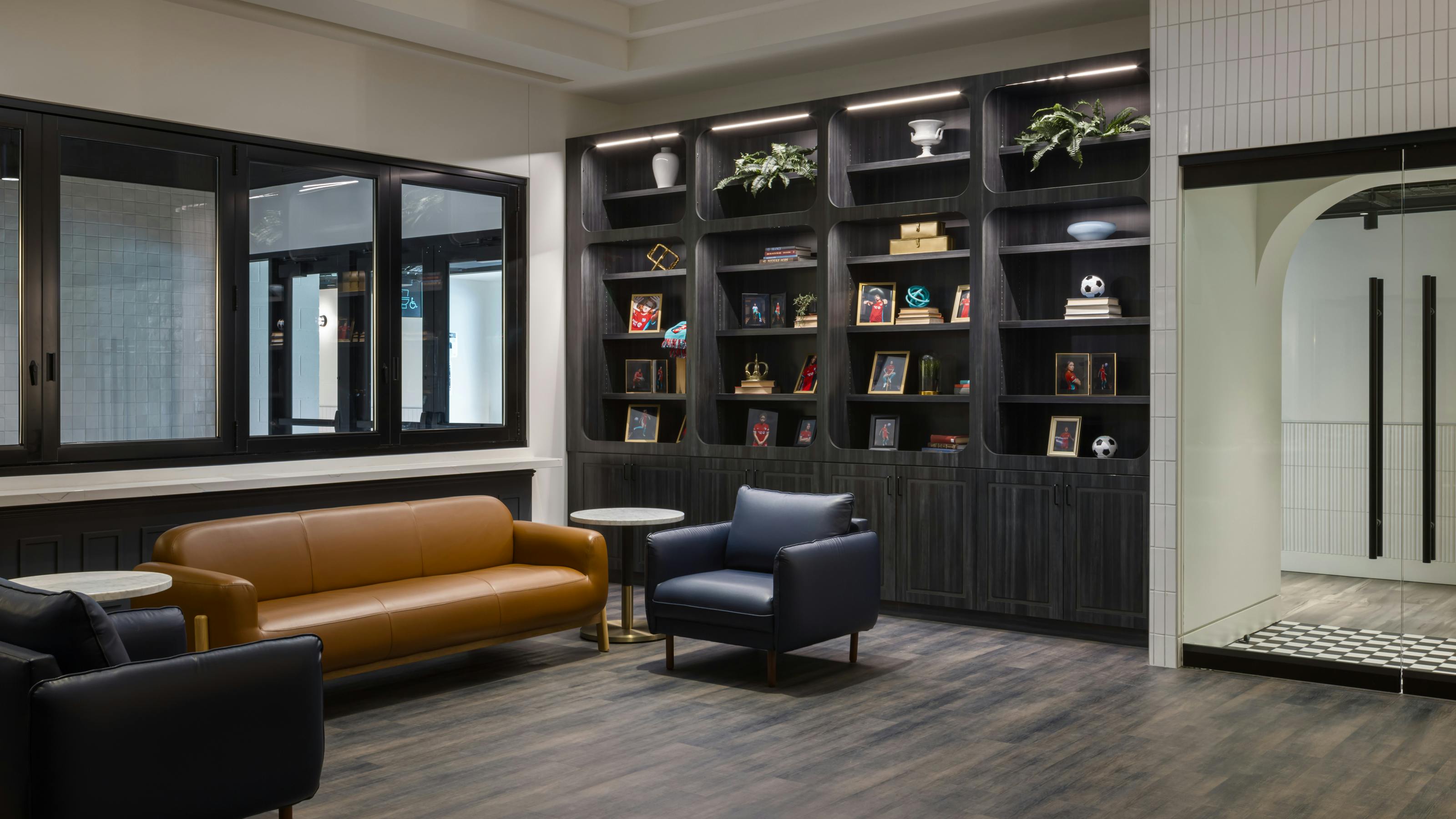 Lounge area inside the KPKC women's soccer stadium designed by Generator Studio.