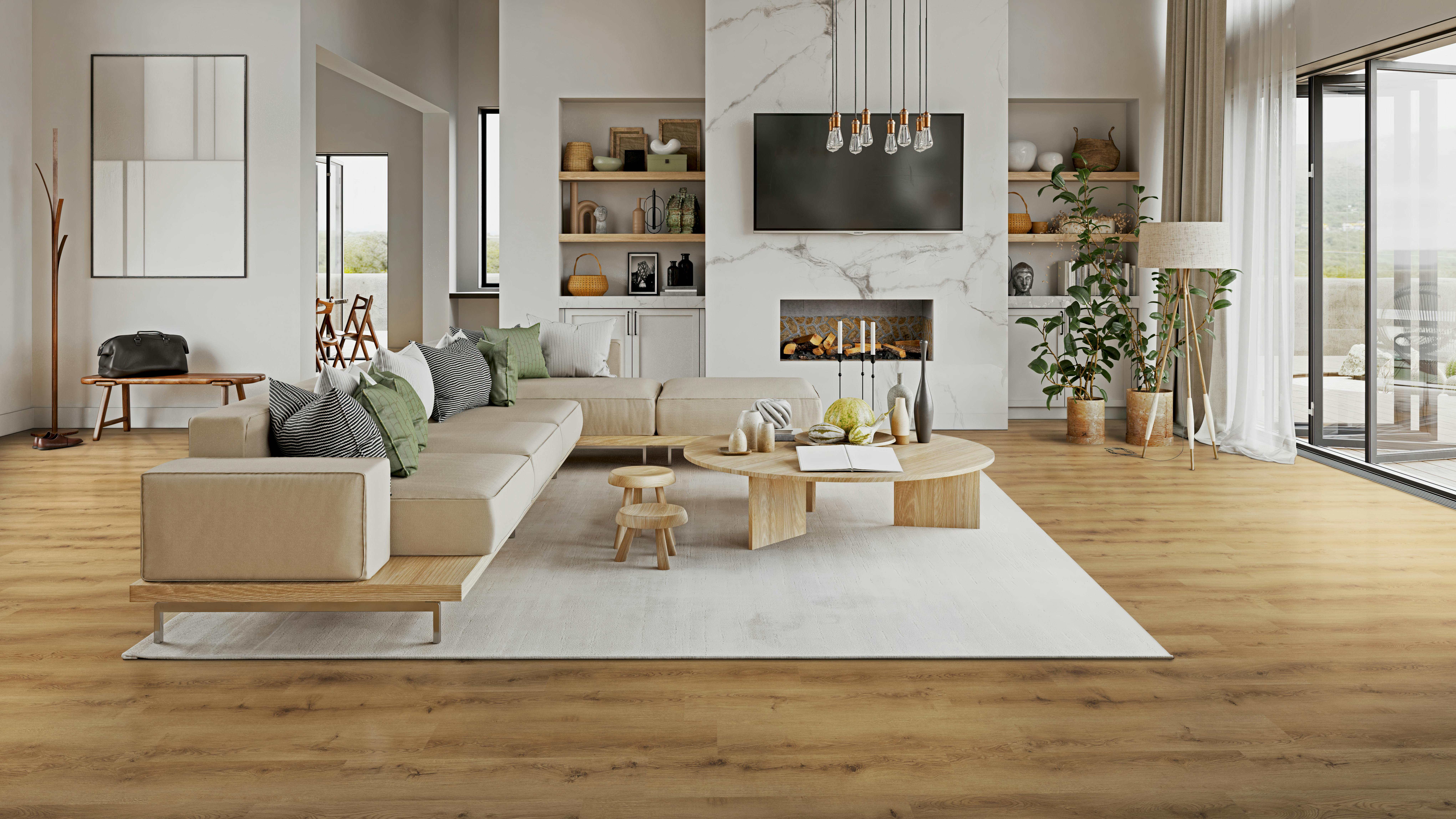 CALI's Hang Loose luxury vinyl flooring collection includes the Sepia Sunset Flooring, shown installed in a living room.