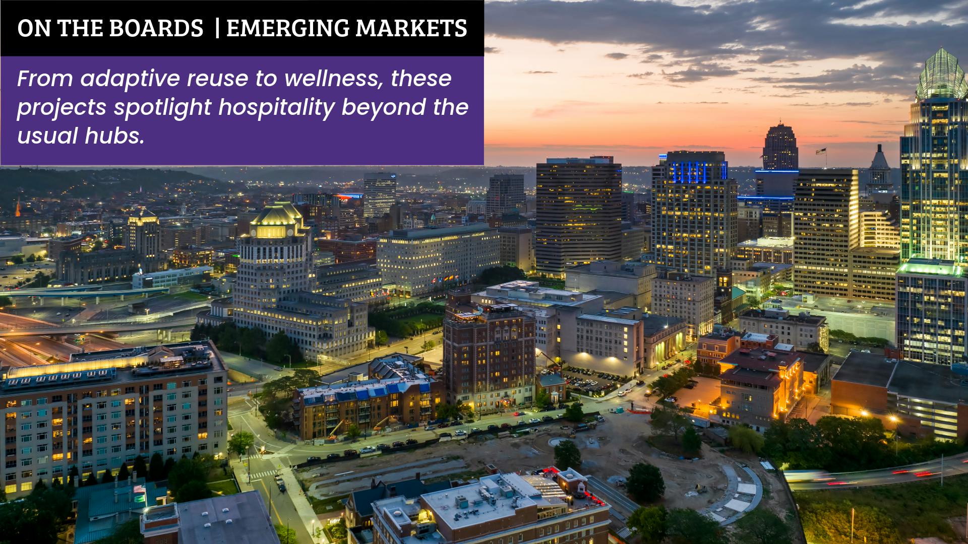 Cincinnati city skyline at sunset