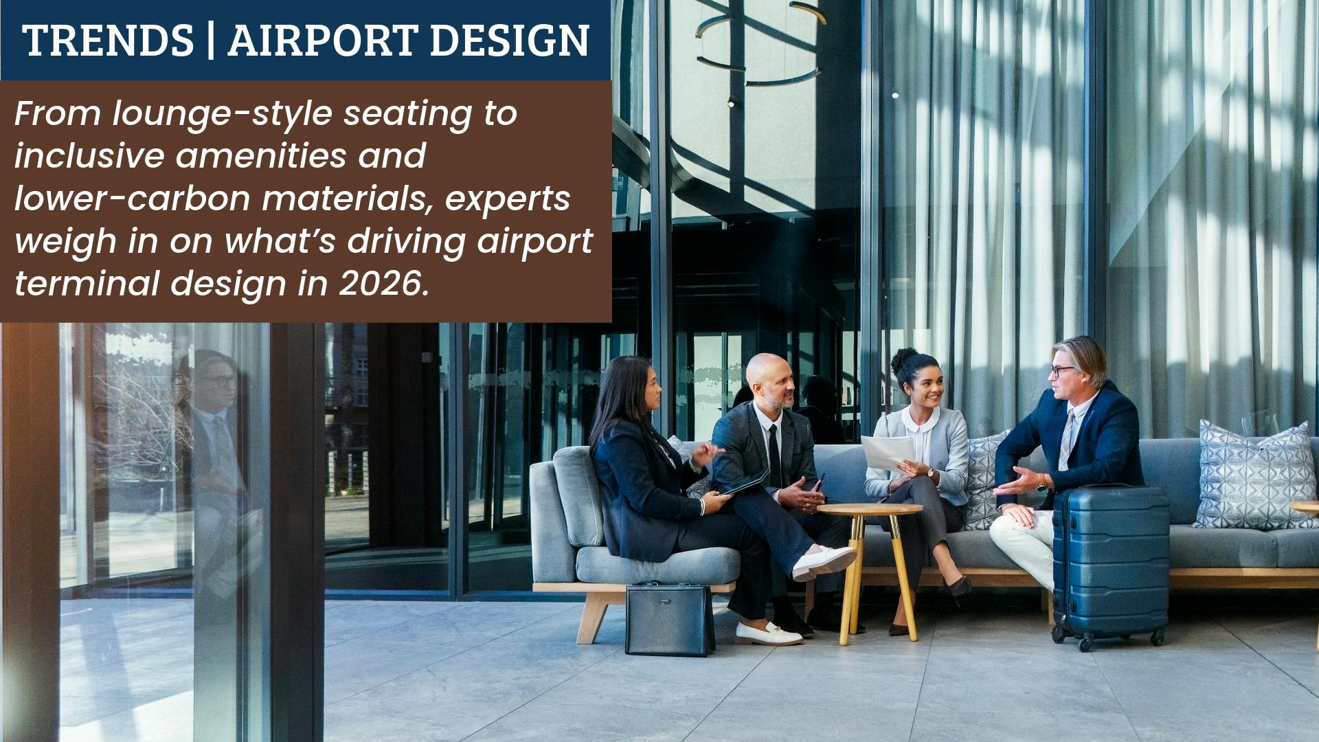 Business travelers sit and chat in a modern airport lounge with expansive windows and contemporary furnishings