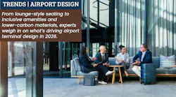 Business travelers sit and chat in a modern airport lounge with expansive windows and contemporary furnishings Business travelers sit and chat in a modern airport lounge with expansive windows and contemporary furnishings