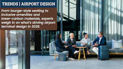 Business travelers sit and chat in a modern airport lounge with expansive windows and contemporary furnishings Business travelers sit and chat in a modern airport lounge with expansive windows and contemporary furnishings