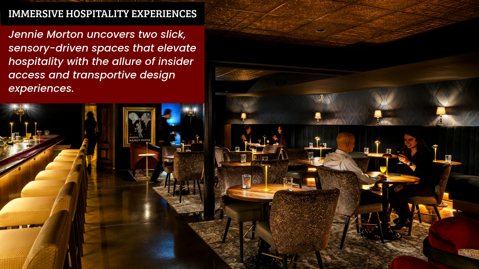 Dim accent lighting, vintage photography on walls, embossed ceilings, and dark, patterned wallpaper create an intimate ambiance at None of the Above.