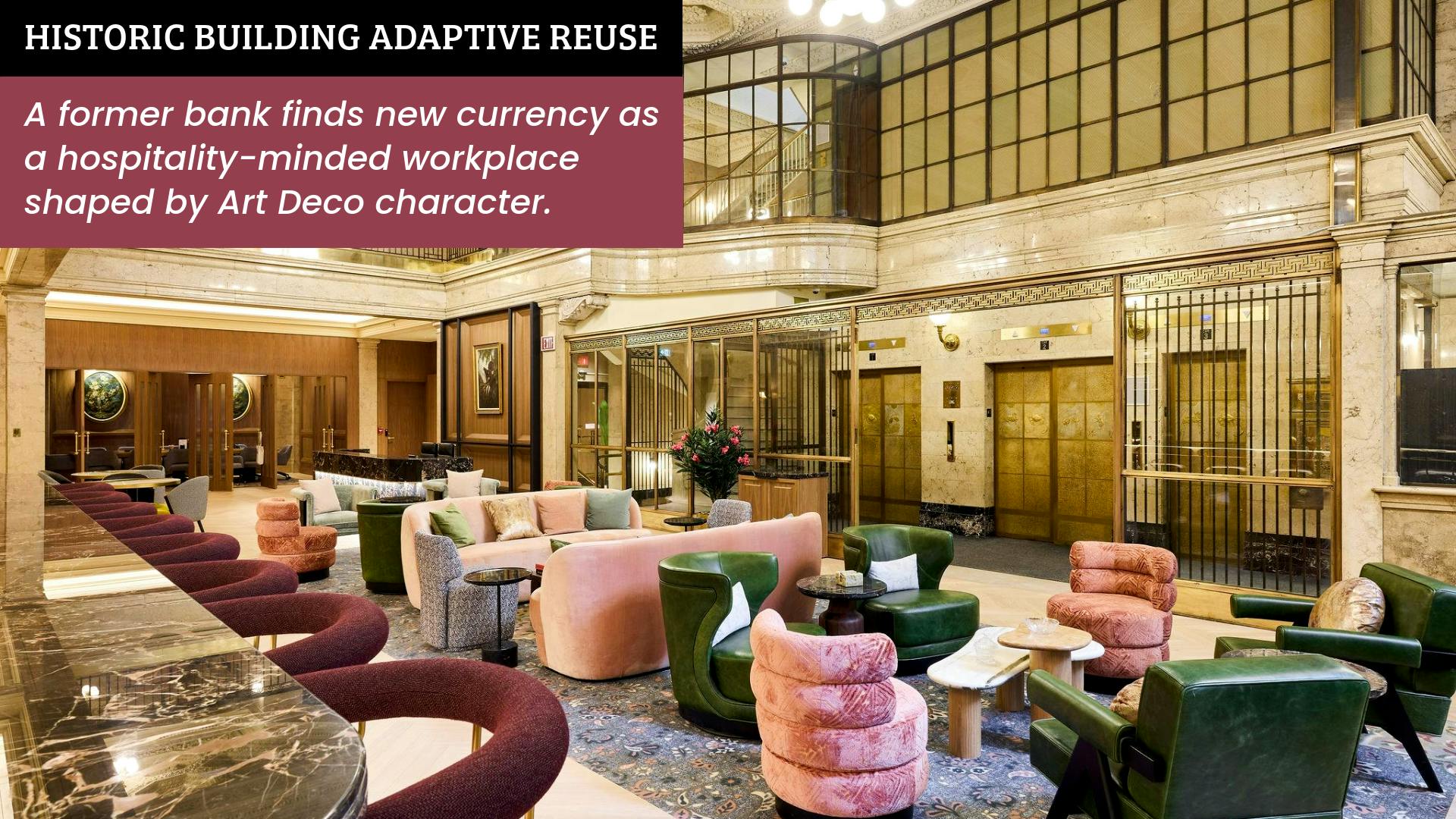 A mix of curved, velvet-upholstered chairs and sofas, green leather look armchairs, and refined bar height seating in the grand, wood and marble surfaced lobby at iQ Offices