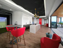 Gaming area with golf simulator and adjacent balcony with greenery and outdoor furniture Gaming area with golf simulator and adjacent balcony with greenery and outdoor furniture