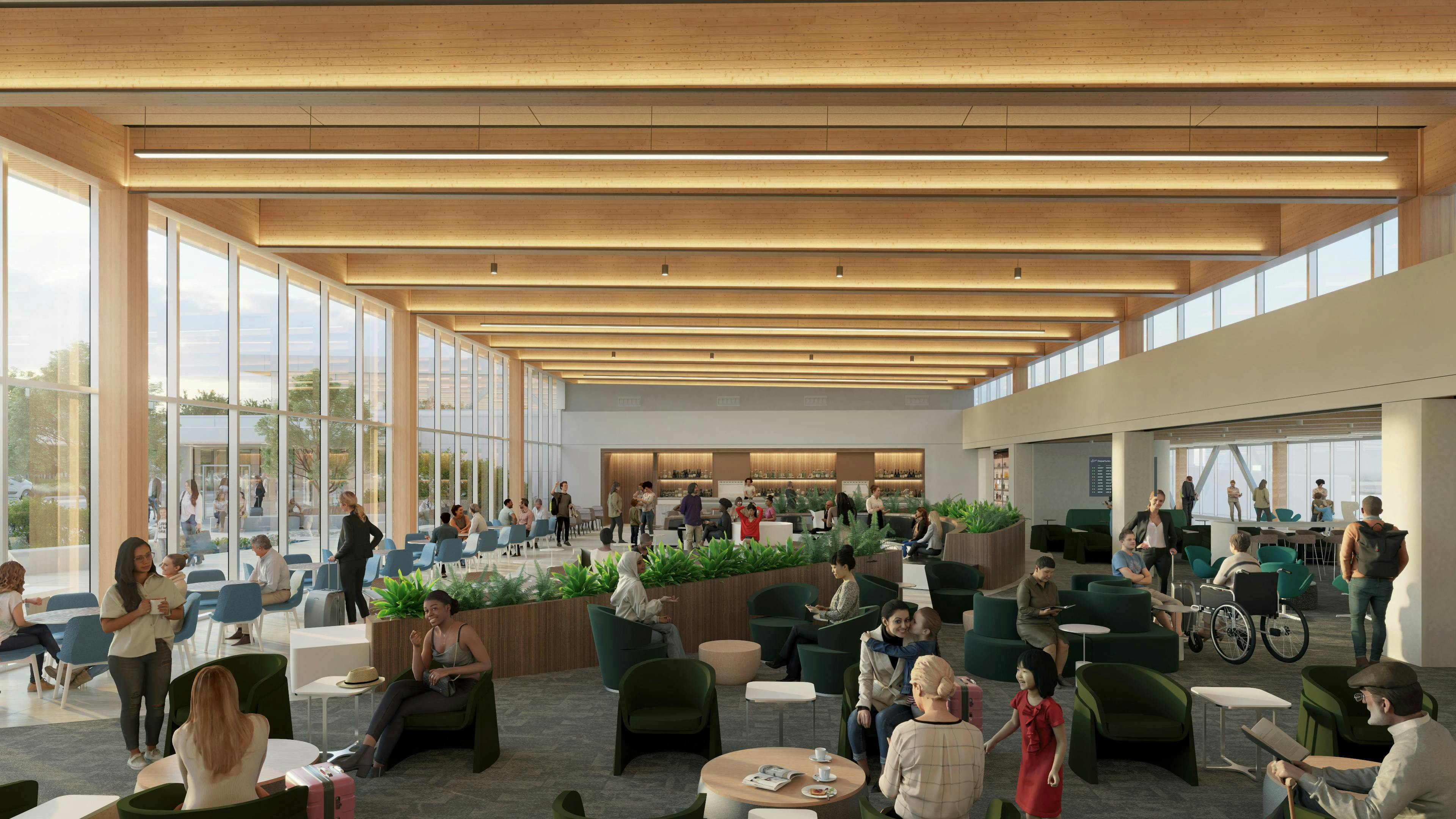 Airport terminal with mass timber construction and greenery for biophilic elements