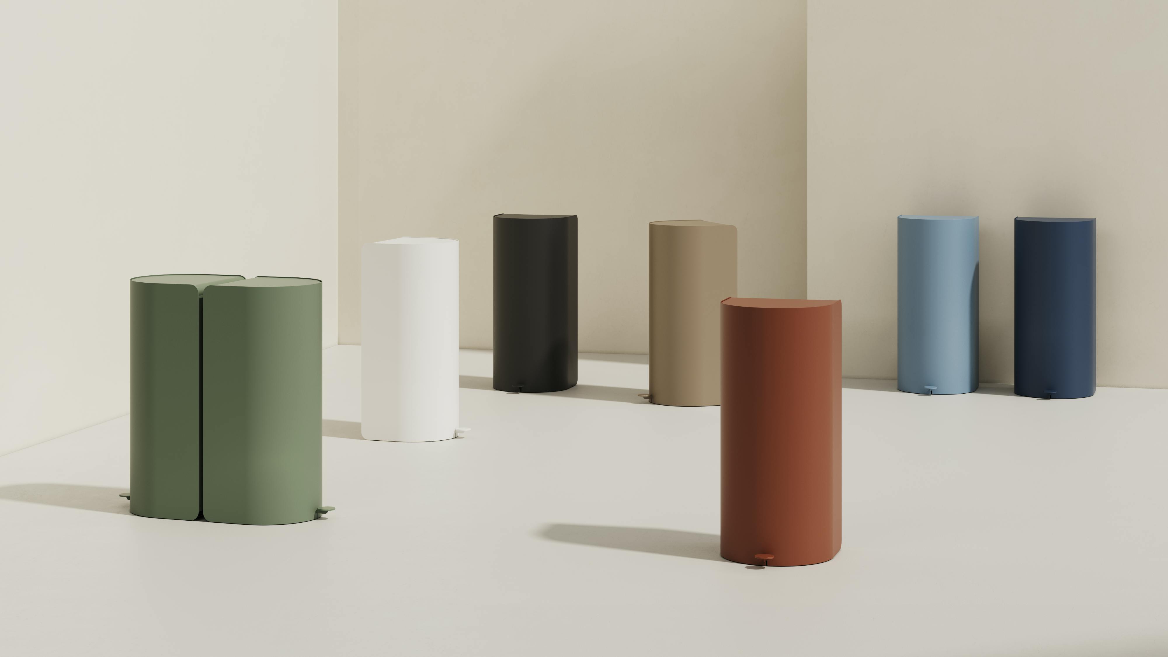 Mizetto's Pelican pedal bin can stand alone or cluster into organic layouts. Shown in numerous colors.