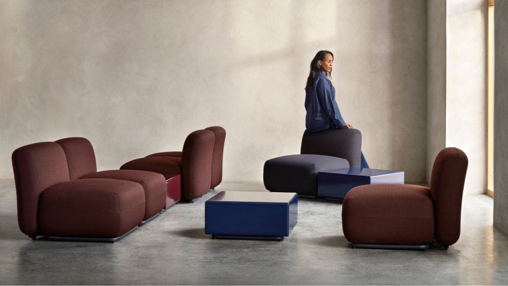 The Soma seat and back, seat and table offer a versatile modular seating option for interiors.