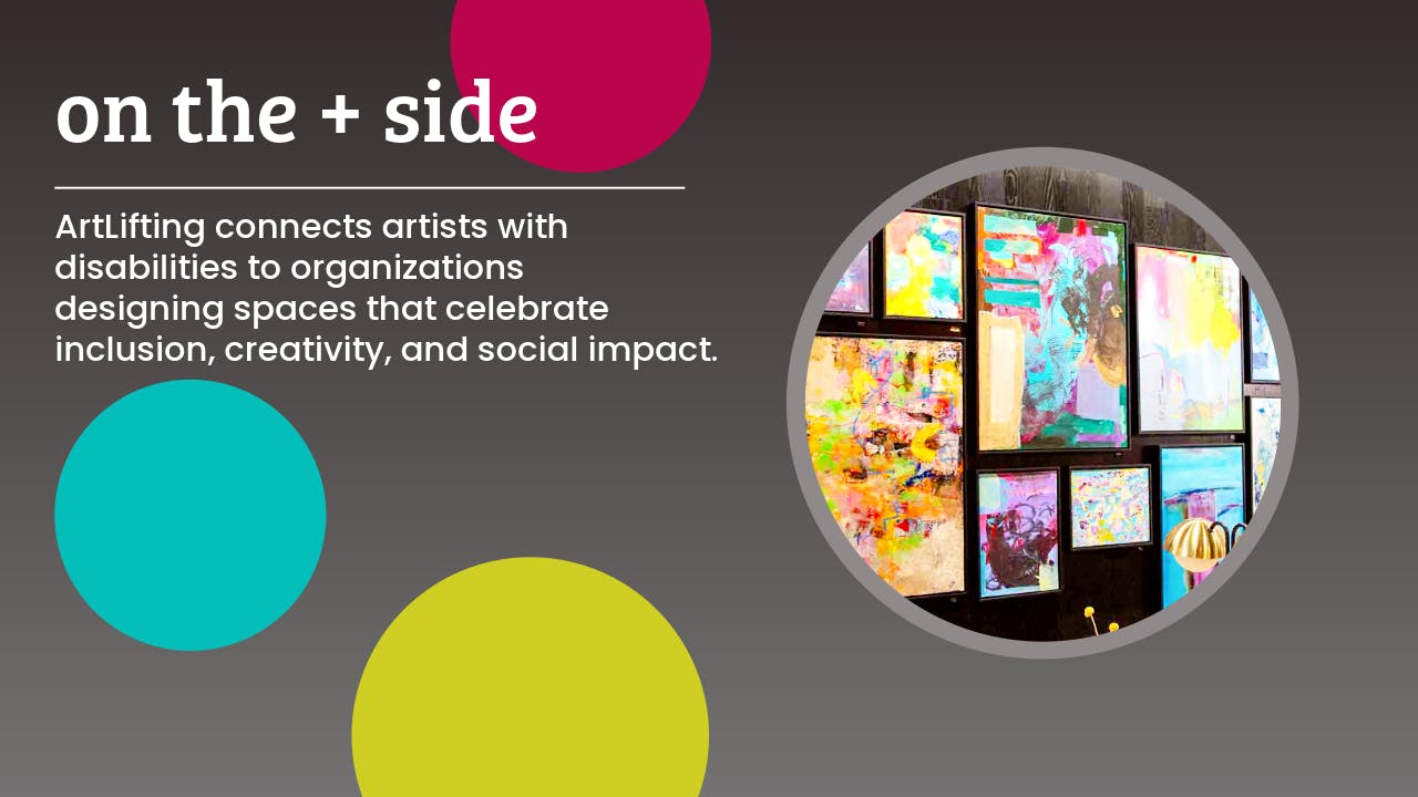 Top graphic contains a gallery wall image of vibrant artworks