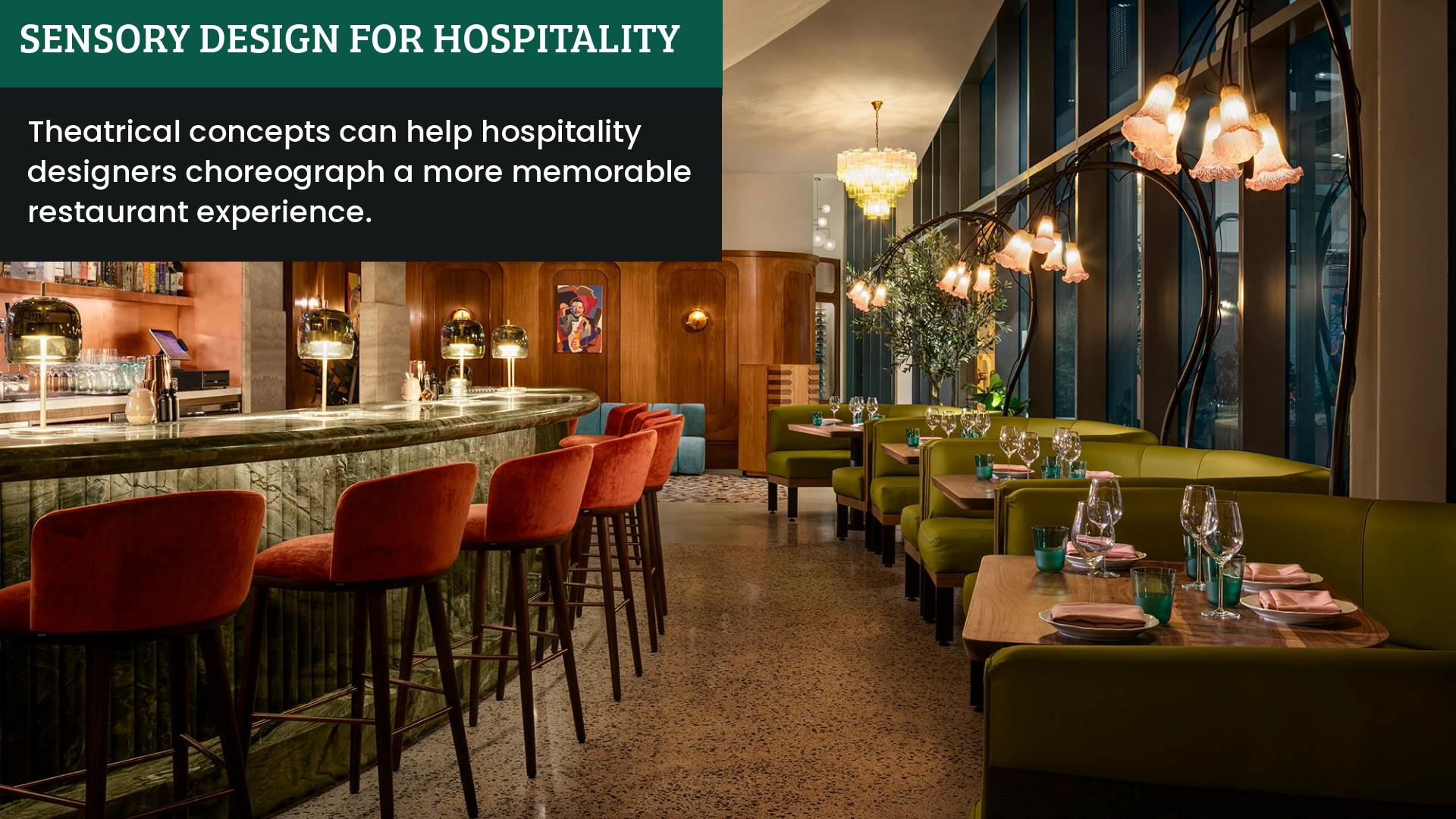 Sleek table lamps on the bar counter and standing floral-shaped lamps that arch over booth seating create intimate layers of light while enhancing the sophisticated design narrative.