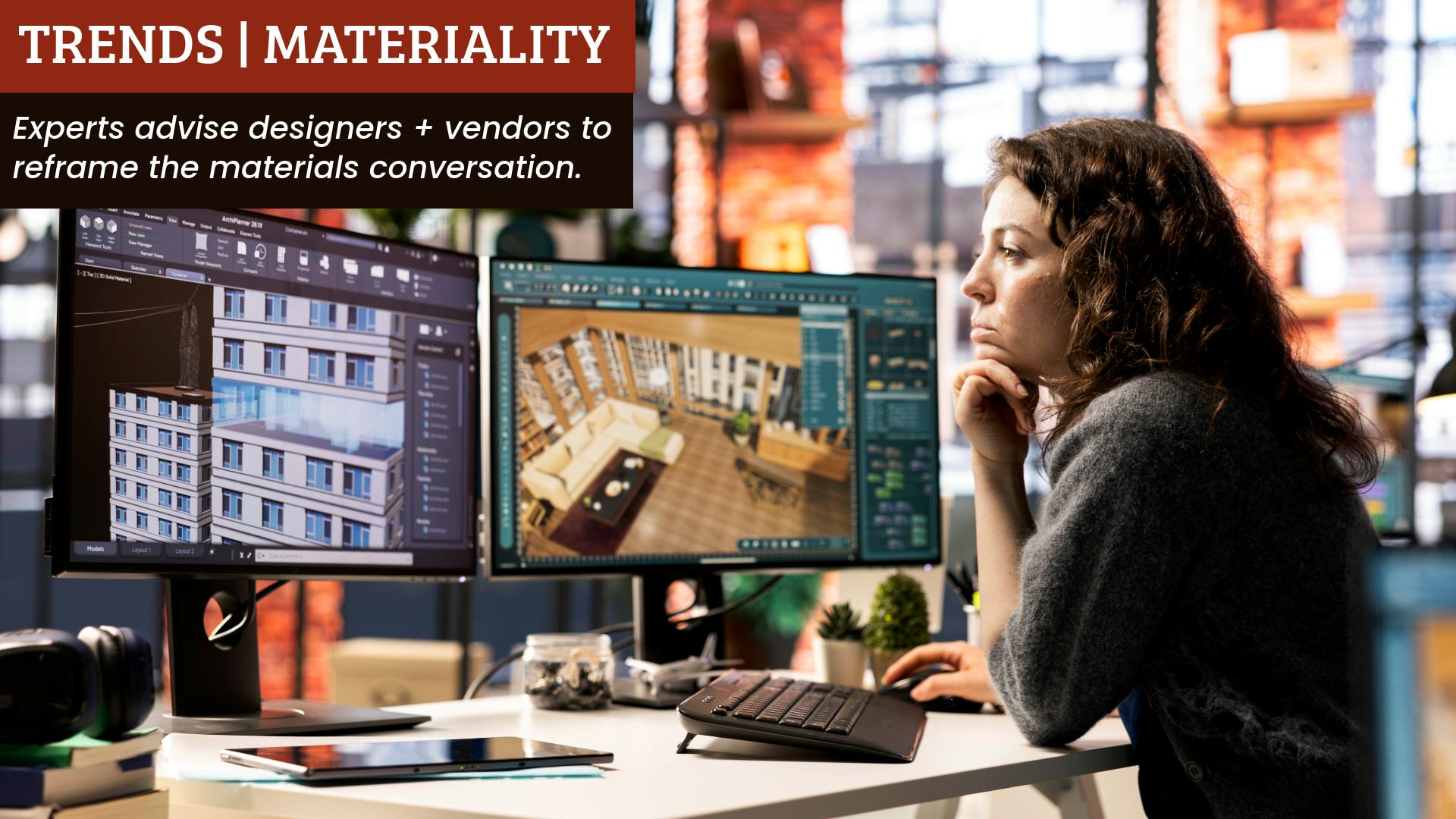 Female interior designer studies schematics and renderings on a computer