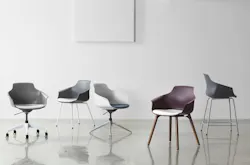 Five polyshell chairs with varying base/leg configurations Five polyshell chairs with varying base/leg configurations