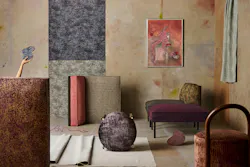 Collage of upholstered seating with textured fabrics in subtle variegations of burnt sienna, plum, olive, cadet blue, and rosy terracotta Collage of upholstered seating with textured fabrics in subtle variegations of burnt sienna, plum, olive, cadet blue, and rosy terracotta