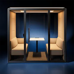 Illuminated work pod with double bench seating and center table Illuminated work pod with double bench seating and center table