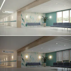Alternate views of healthcare waiting area and corridor with wall-mounted luminaires offering switchable or tunable white lighting modes Alternate views of healthcare waiting area and corridor with wall-mounted luminaires offering switchable or tunable white lighting modes