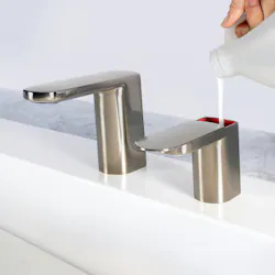 Brushed nickel finish washroom faucet and soap dispenser Brushed nickel finish washroom faucet and soap dispenser