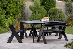Black HDPE outdoor dining table with armless chair and bench seats Black HDPE outdoor dining table with armless chair and bench seats